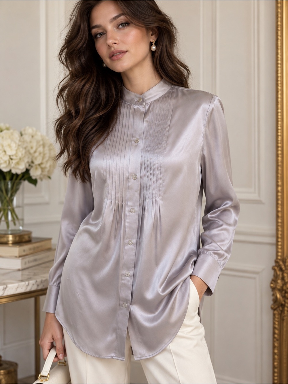 INC 100% Silk Pintuck Blouse Silver Gray Tunic Polished Silky Blouse 4/S New - Picture 11 of 11